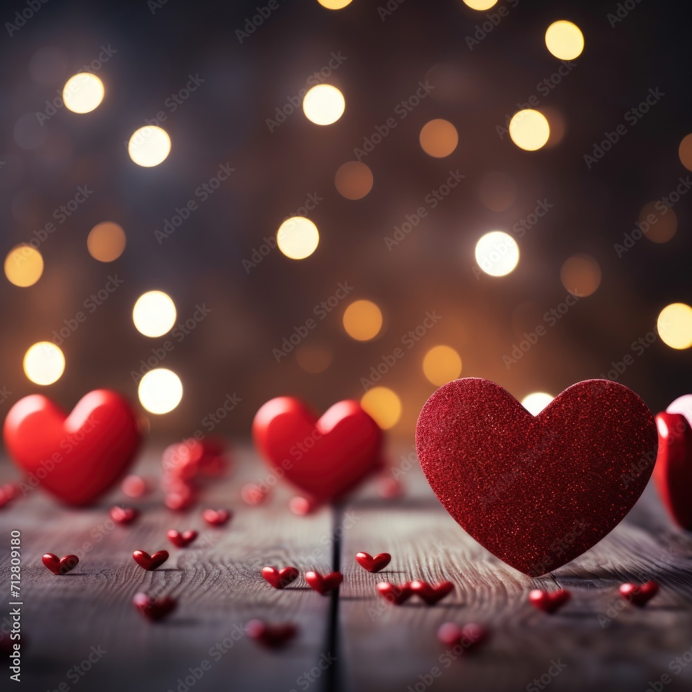 Poster Valentine's Day background with red hearts on bokeh lights on Empty wooden table.Generative AI.