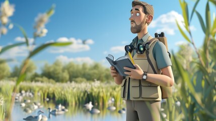 Cartoon digital avatar of Habitat Henry An ecologist wearing a vest with numerous pockets, holding a field notebook and pencil while standing in front of a wetland with binoculars around - obrazy, fototapety, plakaty