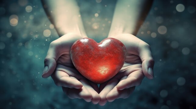 cropped image of a red heart in the hands of a woman. Valentines day concept. world heart day, Generative AI.