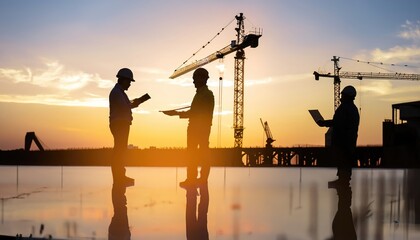 Double exposure image of construction worker holding safety helmet and construction drawing against the background of surreal construction site in the city.ai generated