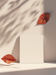Minimalist Concept with Autumn Leaf Shadow on Blank Canvas in Sunlight