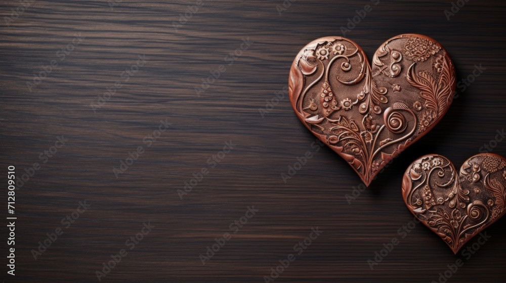 Poster two decorative hearts on a dark wooden background with copy space. top view. valentine's day card. g