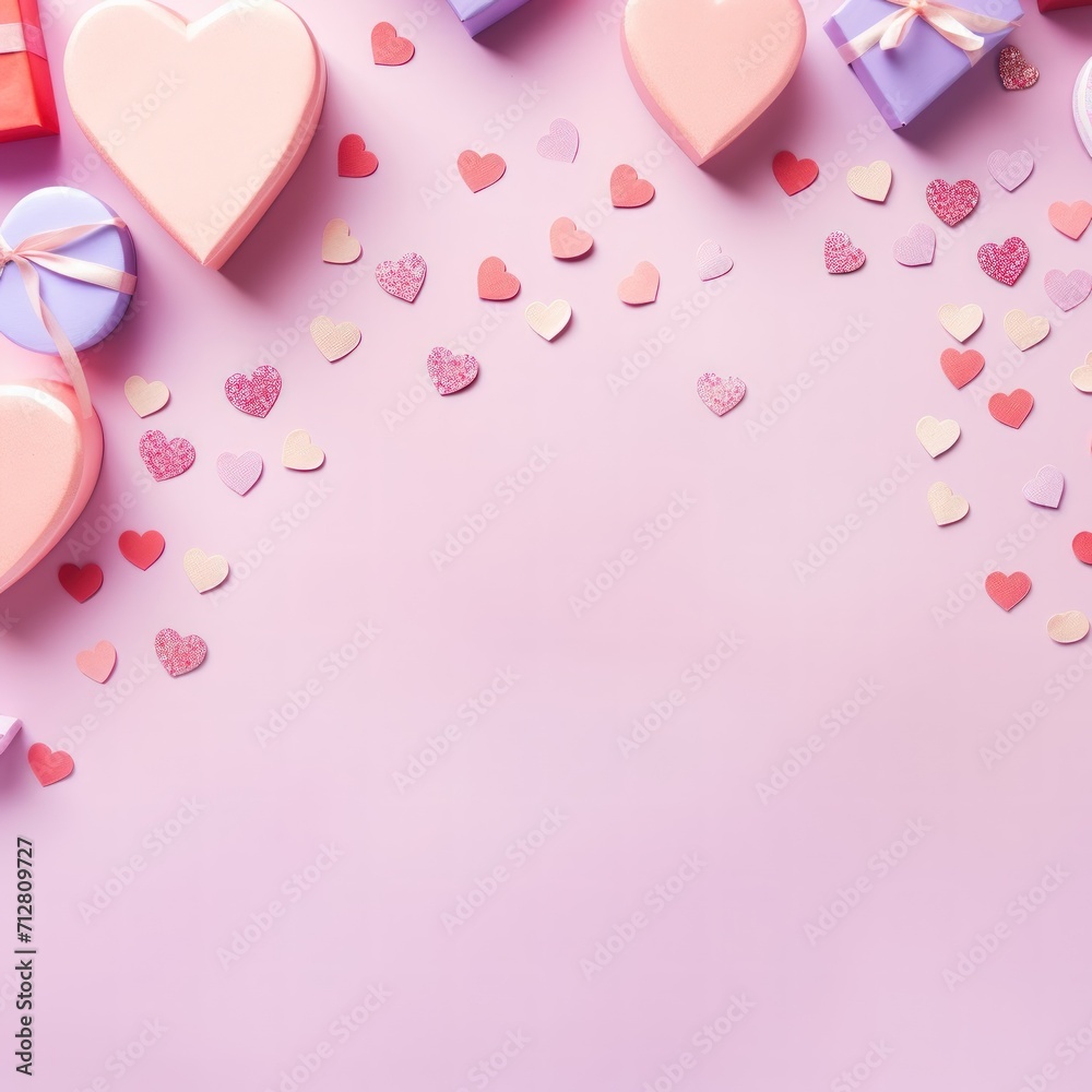 Poster composition with paper heart and sequins on color background. valentine's day celebration. generativ