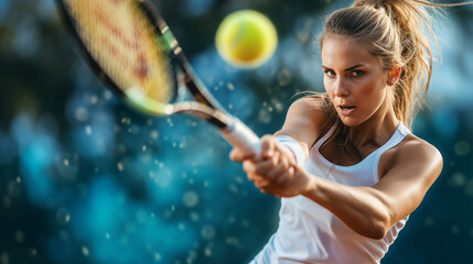 Tennis woman player hitting a forehand shot. Ball in the air, racket reaching out, powerful sport moment with copy space. - obrazy, fototapety, plakaty