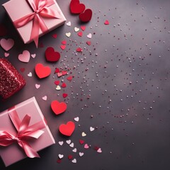 Top view of red ribbon, gift box and hearts on dark background, st valentines day concept. Generative AI.