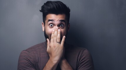 Shocked man covering his mouth with hands isolated on gray background with copy space, tries keep silence.