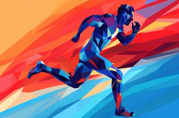 a colored abstract image of a man running, in the style of geometric, iconic imagery