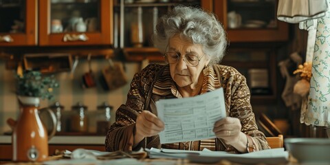 Senior mature woman holding paper bill trying to read it and figure out the problem,old lady managing account finance on vintage kitchen background. - obrazy, fototapety, plakaty