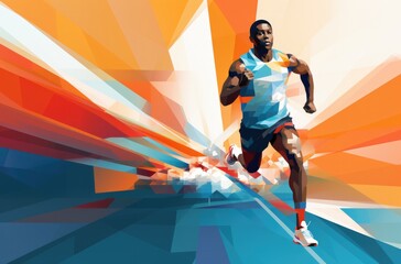 Fototapeta na wymiar a man, a runner, runs across a colorful background, in the style of dynamic geometric, innovating techniques