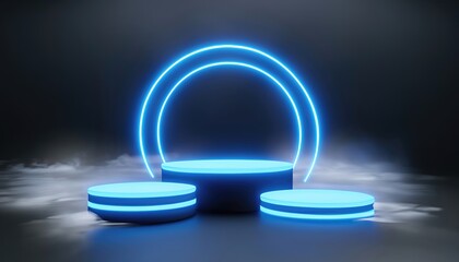 3d render circle three podiums with circle blue neon light on black background with smoke.ai generated