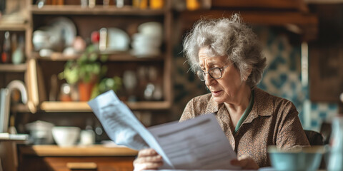 Senior mature woman holding paper bill trying to read it and figure out the problem,old lady managing account finance on vintage kitchen background. - obrazy, fototapety, plakaty