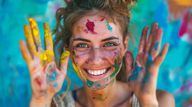 Smiling beautiful young woman playing with colors, paint on hands and face, showing the two hands full of colorful pigment to the camera, concept of art and creativity.