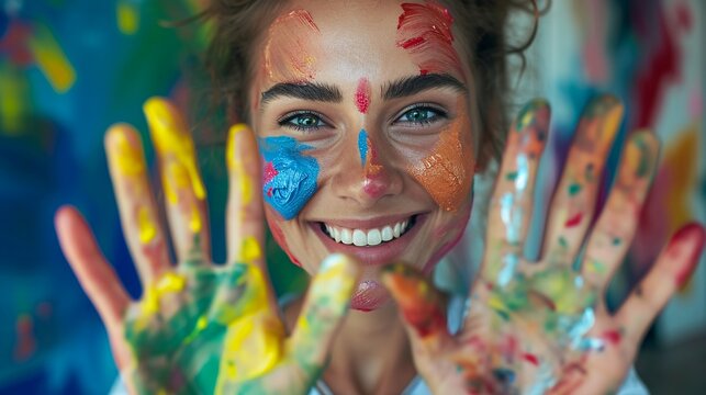Smiling beautiful young woman playing with colors, paint on hands and face, showing the two hands full of colorful pigment to the camera, concept of art and creativity.