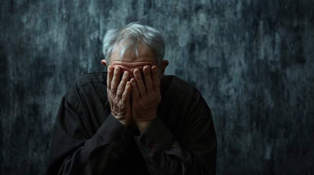 senior man covering his face with his hands in front of dark wall with copy space, concept of depression and anxiety.