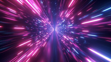 Abstract flight in retro neon hyper warp space in the tunnel, high speed wave lines and flare lights backgrounds.