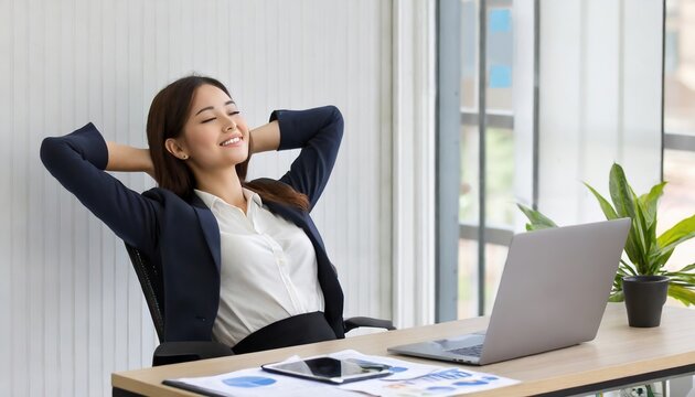 Calm businesswoman office worker holding hands behind head finished computer work at workplace.ai generated