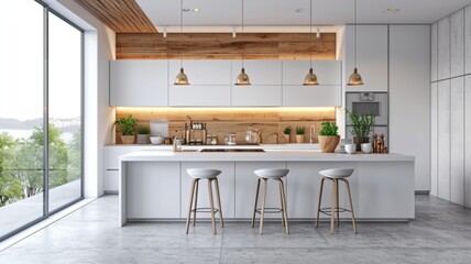  A Scandinavian-inspired kitchen with clean white surfaces, natural wood elements, and minimalistic design, embracing simplicity and functionality. - obrazy, fototapety, plakaty