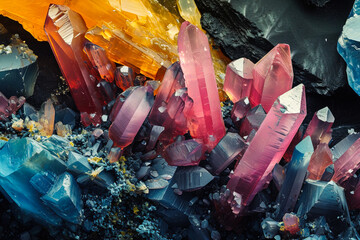 Colorful crystal minerals, raw gem stones