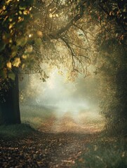 Enchanted Forest Pathway with Golden Light Filtering Through Autumn Leaves