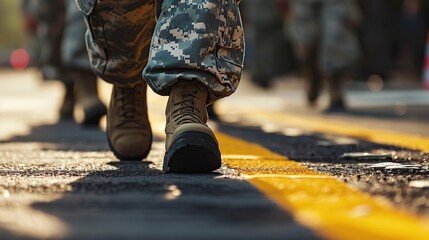 Detail of a soldier foot walking on the road with yellow line - obrazy, fototapety, plakaty