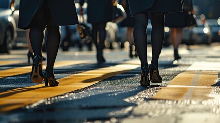 Obraz premium Close up of legs of business women walking in the city at sunset