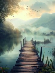 Misty Morning on a Serene Lake: Old Wooden Jetty Stretching into Calm Waters with Birds in Flight - obrazy, fototapety, plakaty