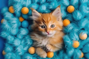 Adorable furry kitty orange color lies on blue woollen background.