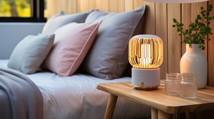 Smart home speaker lamp on table in bedroom