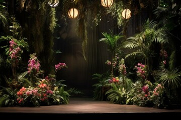 Lush plants, vibrant lights, elegant podium. Generative AI