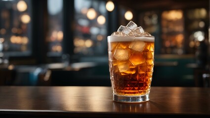 glass of cola and ice on a wooden table. Refreshing drink - obrazy, fototapety, plakaty