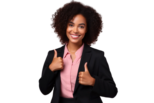 Portrait of a smiling woman showing thumbs up pose, isolated on transparent background