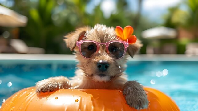 Dog floating in swimming pool. Funny wet puppy relaxing in summer holiday vacation with flower sunglasses. Luxury resort hotel background. Happy travel with pet animal concept 3d art banner wallpaper.