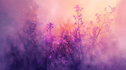 Obraz na płótnie Canvas A dreamlike haze of violet and pink envelops the serene outdoor landscape, weaving through trees and flowers in a mesmerizing dance of nature