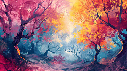 Abstract painting of colorful trees in the forest, a Digital fantasy landscape