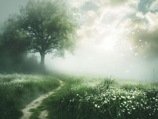 Obraz na płótnie Canvas Mystical Sunrise in a Misty Meadow with Wildflowers and Flock of Birds Taking Flight
