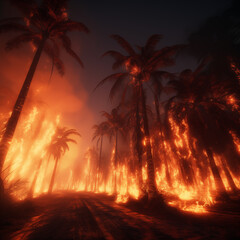Obraz premium realistic close up of a bunch of burning palm trees, high details