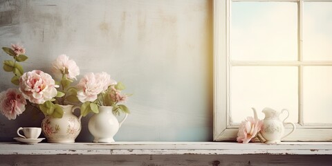 Cottage style background with a retro touch, featuring vintage decor and flowers on a window shelf.