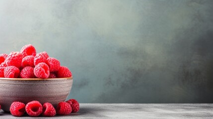 A bowl of fresh raspberries on a textured surface. copy space text