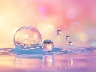 Whimsical Water Droplets Dancing on a Reflective Surface with Pastel Hues