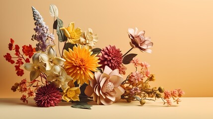 Obraz premium Colorful flower arrangements with shadow on a beige col 0ba, generative ai