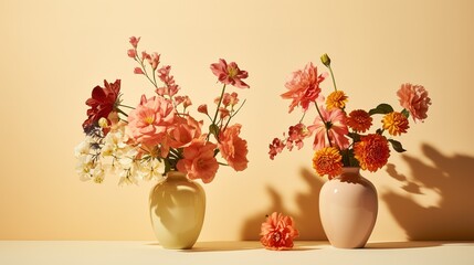 Colorful flower arrangements with shadow on a beige col 0ba, generative ai - obrazy, fototapety, plakaty
