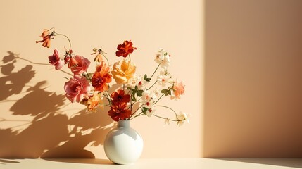 Colorful flower arrangements with shadow on a beige col 0ba, generative ai
