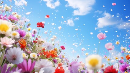 Obraz na płótnie Canvas Colorful spring flowers explode in the blue sky. generative ai
