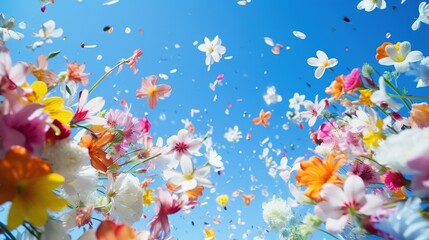 Colorful spring flowers explode in the blue sky. generative ai