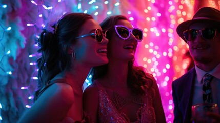 A neonlit photo booth with fun props for guests to capture the memories