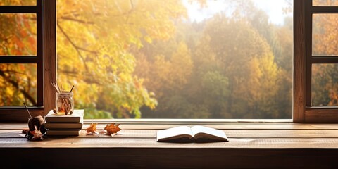 Empty wooden desk with a view of an autumn window on a sunny day.