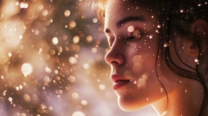 The grace and elegance of a woman, surrounded by a soft halo of stardust, creating a mesmerizing and dreamlike portrait.