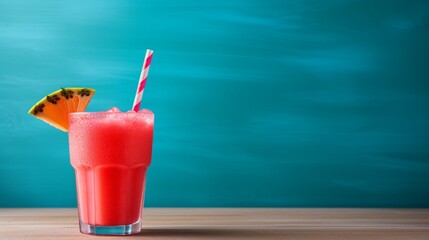 A refreshing watermelon slush with a straw and copy space.