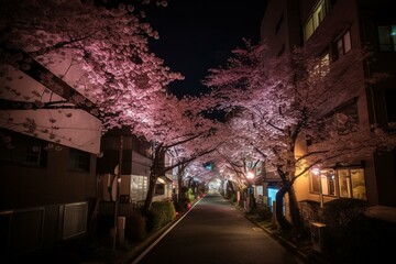 Sakura cherry blossoms lighting up Nakameguro, Tokyo. Generative AI