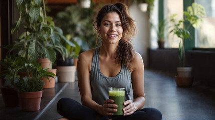 a woman sitting on a yoga mat holding a smoothie